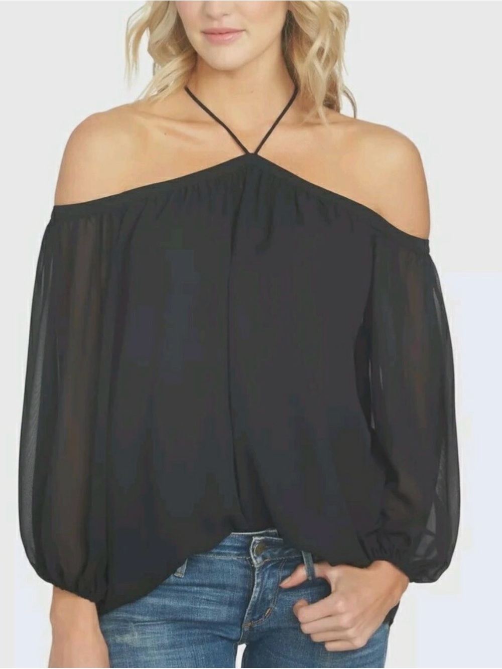 NWT 1.State Black Cold Shoulder Halter Neck Blouse